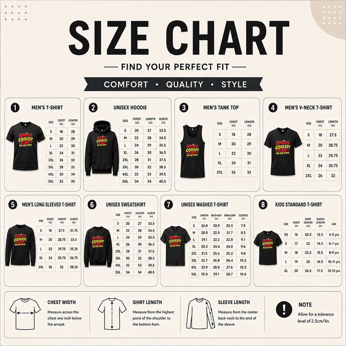 Hot Pretty Spain Soccer Cat Meme Funny Cartoon Size Chart Size chart for Hot Pretty Spain Soccer Cat Meme Funny Cartoon with measurements in inches and cm to help choose the right fit