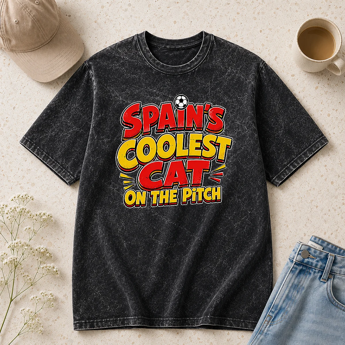 Hot Pretty Spain Soccer Cat Meme Funny Cartoon Washed T-Shirt