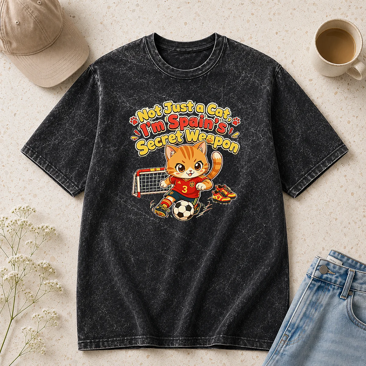 Hot Pretty Spain Soccer Cat Meme Funny Soccer Kawaii Washed T-Shirt