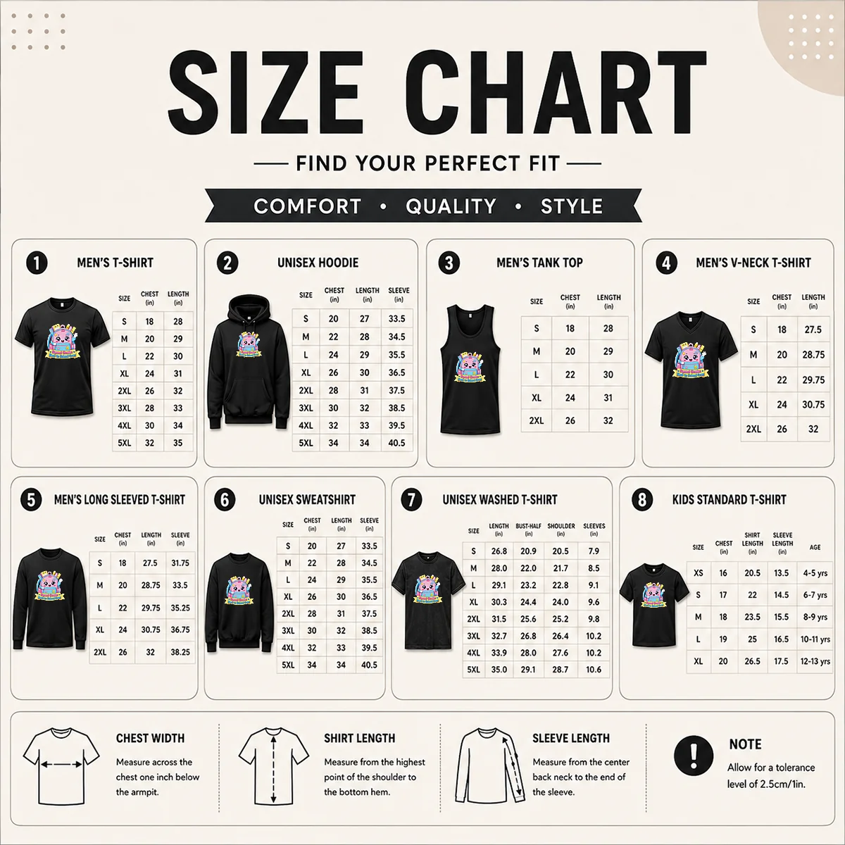 Nice Awesome Back To School Squad Kawaii For Kids Size Chart Size chart for Nice Awesome Back To School Squad Kawaii For Kids with measurements in inches and cm to help choose the right fit