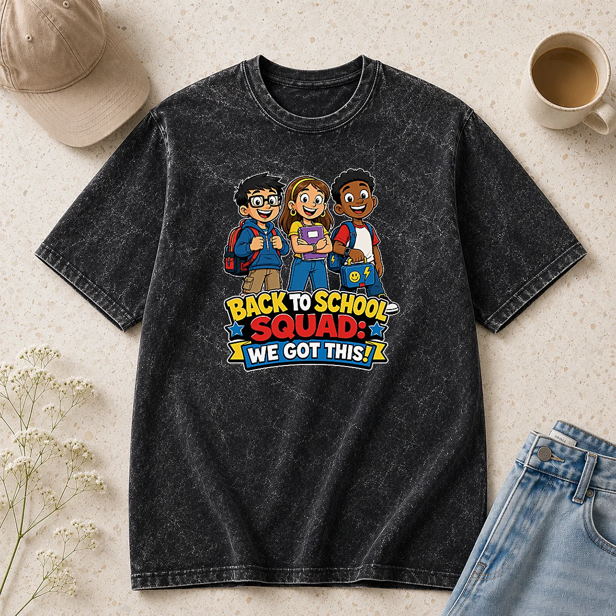Nice Pretty Back To School Cartoon Squad For Kids Washed T-Shirt