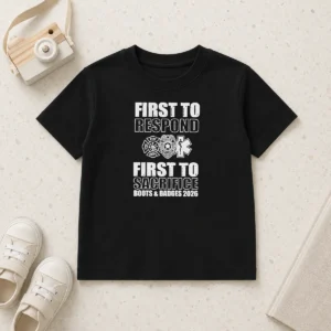 Premium Hot First To Respond And Sacrifice Boots And Badges 2026 Fire Police EMS Kids T-Shirt