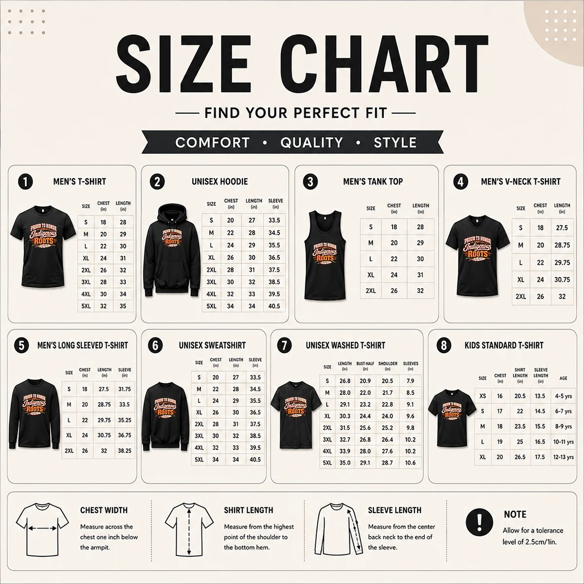 Top Awesome Bold Indigenous Peoples Day Pride Statement Size Chart Size chart for Top Awesome Bold Indigenous Peoples Day Pride Statement with measurements in inches and cm to help choose the right fit